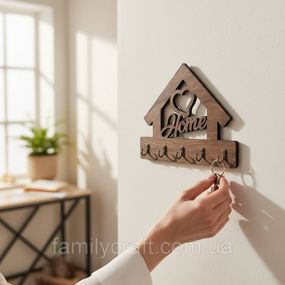 Ключница настенная с сердцем Home (Дом) венге на 5 крючков, деревянная вешалка держатель для ключей в прихожую