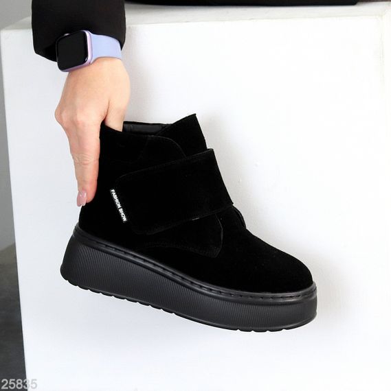 Модные замшевые зимние черные прошитые ботинки на платформе | Зображення 6