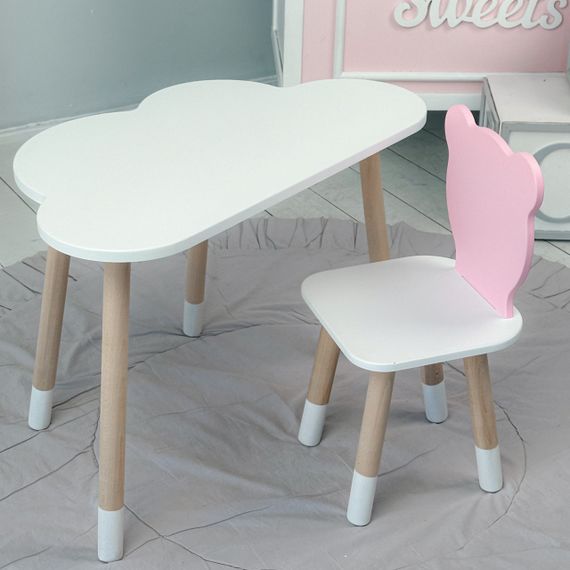 Дитячи білий стіл хмарка і стільчик ведмедик дитячий рожевий. Дитячий столик білосніжний. | Зображення 6