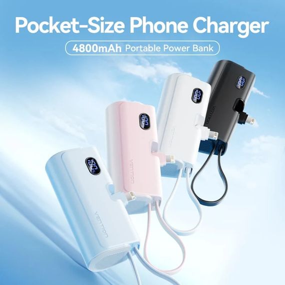 УМБ Vention 4800mAh 22,5W PD, USB-C In/Out, LED display, with built-in Lightning cable Black