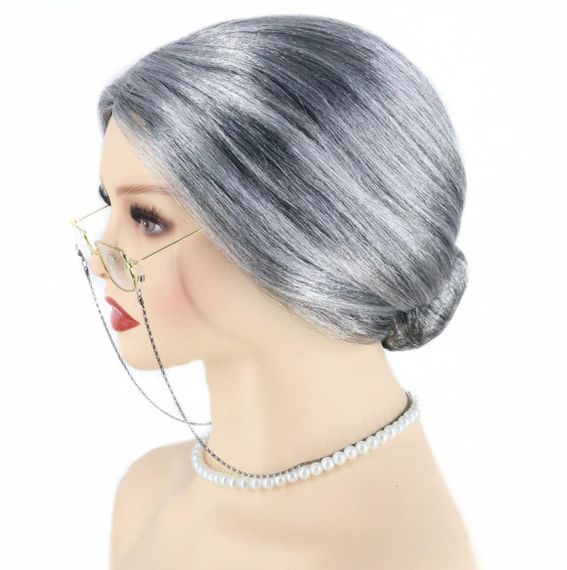 Парик для образа бабушки LeMarnia – седой парик с пучком шишкой, для Хэллоуина, косплей, вечеринок, спектакля | Зображення 3