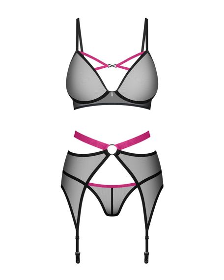 Комплект Obsessive Novenes 3-pcs set, M/L, прозорий ліф на кісточках, стрінги, пояс | Зображення 3