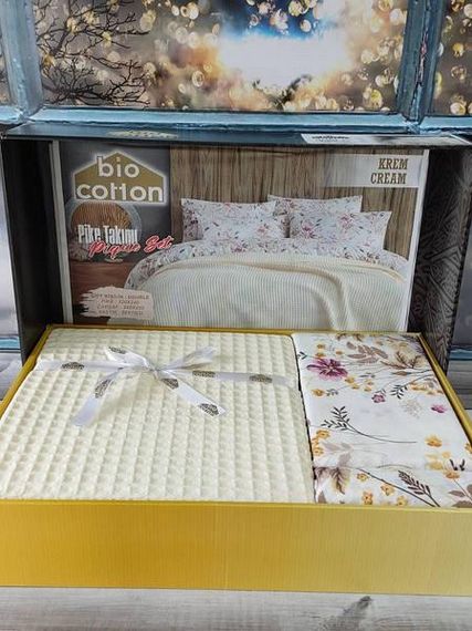 Постельное белье летнее Bio Cotton Krem Ранфорс (покрывало вафельное) Евро размер