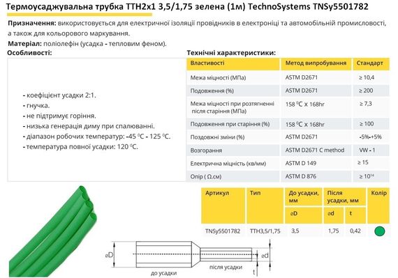 Термоусадочная трубка ТТН2х1 3.5/1.75 зеленая 1 метр Ny95501782 | Зображення 1