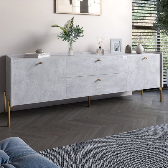 Тумба під телевізор з шухлядами LION Wood з золотими ніжками 180х50х40 см Бетон (LION-043108)
