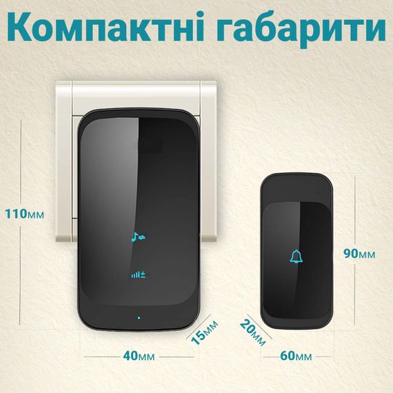 Вологозахисний сенсорний бездротовий дверний дзвінок Digital Lion WDB-03-1, на 2 кнопки, 58 мелодій, до 300 м, Чорний | Зображення 4