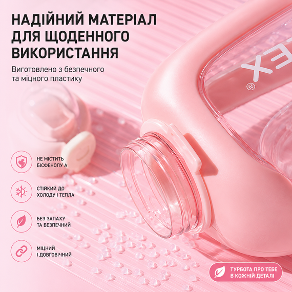 Спортивная бутылка для воды 1.5 л (1500 мл) Розовая - с ручкой и трубочкой без BPA, с мотивационной шкалой времени | Зображення 6