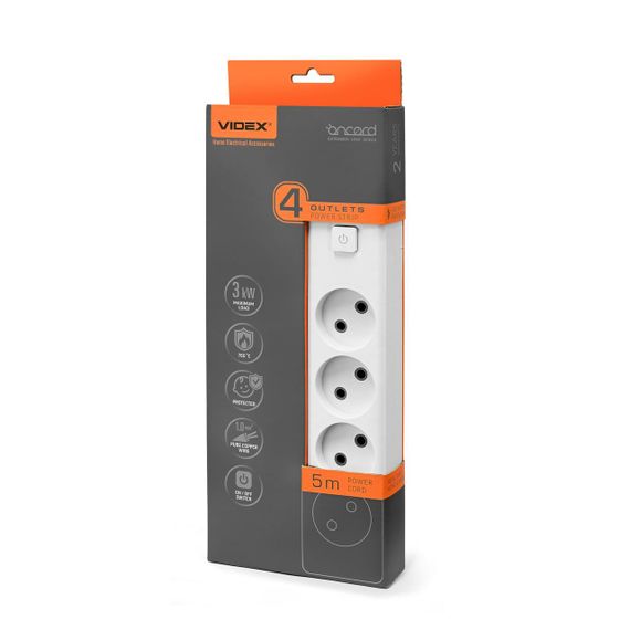 Мережевий подовжувач VIDEX ONCORD б/з 4п 5м з кнопкою White