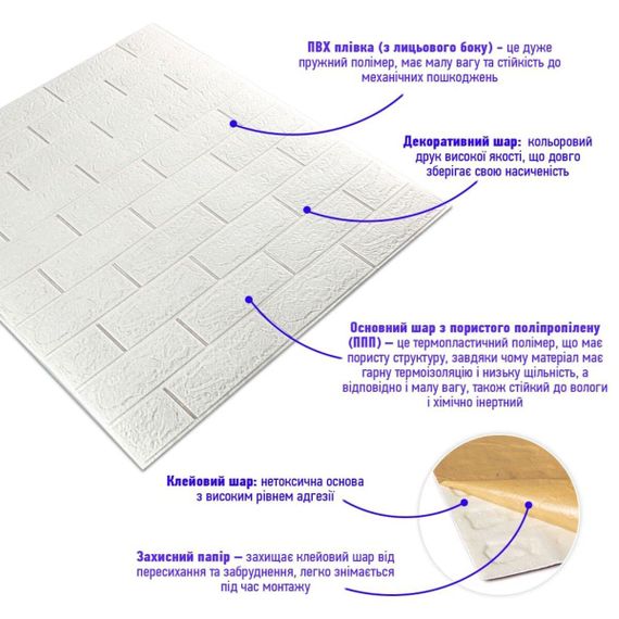 3D панель самоклеюча 700х770х3мм цегла Біла (001-3) SW-00000174 | Зображення 1
