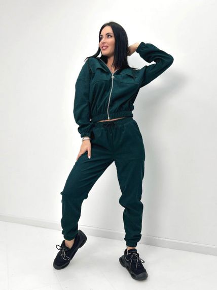 Женский спортивный вельветовый костюм демисезонный на молнии GF07953 цвет зеленый (бутылка), размер 42/44