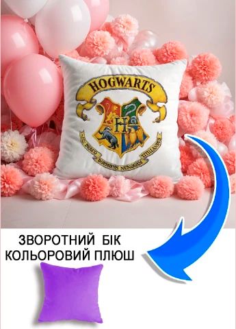 Подушка плюшева Мерч Крафт Дизайн з принтом Hogwarts 1 бузковий плюш квадратна 33х33 см