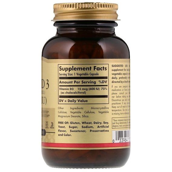 Витамин D Solgar Vitamin D3 (Cholecalciferol) 600 IU 120 Veg Caps | Зображення 1