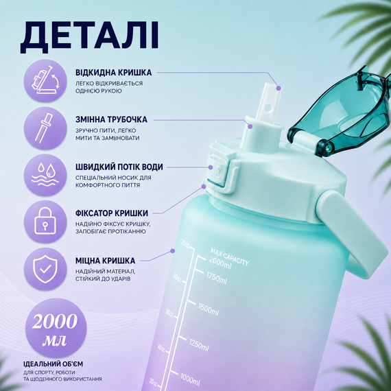 Спортивная бутылка для воды 2000 мл (2 л) с ремешком и шкалой, градиент бирюзовый матовый | Зображення 3