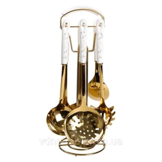 Набір кухонного приладдя 7 предметів на підставці столові прилади з нержавіючої сталі Золото з білим HP-20-7 | Зображення 1