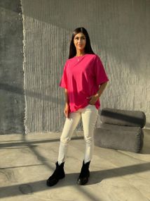 Женская футболка оверсайз трикотажная однотонная KV2024 цвет малиновый, размер 42/52 onesize