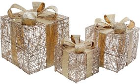 Набір декоративних подарунків - 3 коробки 15х20см, 20х25см, 25х30см з LED-підсвіткою, шампань з золотом КОПІЯ