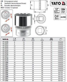 Головка 12-гранная короткая 1/2" М8х38 мм Польша YATO YT-1270