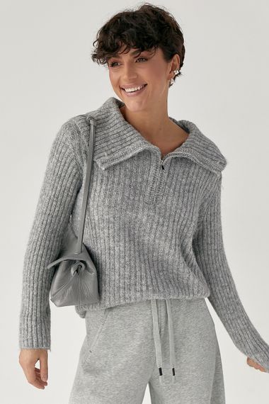 Тепла кофта в рубчик із блискавкою на комірі - сірий цвет, ONE SIZE (є розміри)