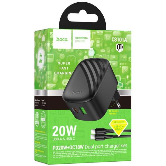 МЗП Hoco CS101A Folding PD20W+QC3.0 (1USB-A/1C) + кабель Type-C to Type-C Black | Зображення 1