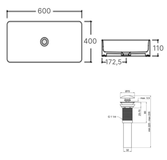 Комплект Qtap Tern: Раковина накладна прямокутна 600x400x110 мм WHITE + Донний клапан PU02 (QT17112174WN47303) | Зображення 1