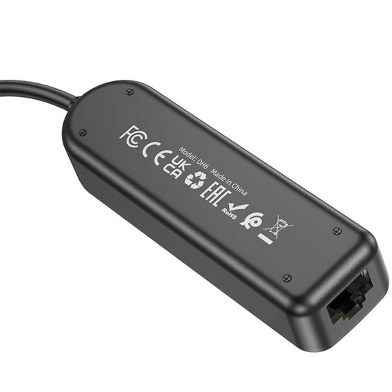 Переходник Borofone DH6 Erudite 4in1 Gigabit Ethernet (USB to USB3.0*3+RJ45) (0.2m) Black | Зображення 3