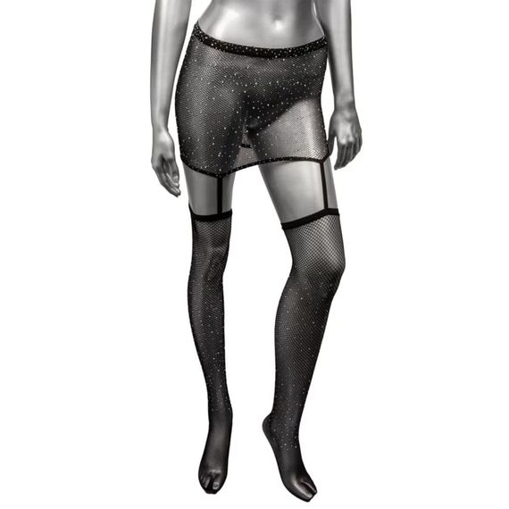 Пояс-спідниця із панчохами у сітку зі стразами Calexotics Garter Skirt Thigh Highs, чорний | Зображення 1