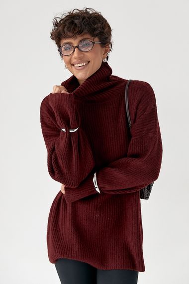 Тепла в'язана туніка в рубчик - бордо цвет, ONE SIZE (є розміри) | Зображення 3