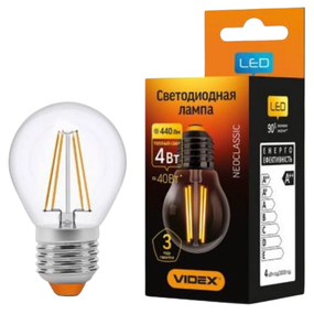 Лампа G45 4W Е27 3000K 220V Filament LED Videx