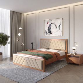 Двоспальне дерев'яне ліжко Mebigrand Барселона Б2 Коричневий (RAL8025)/Аляска 23 (Бежевий) 140х190 см (MBG-12474)