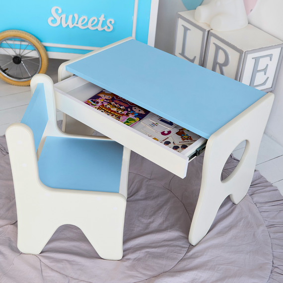 Набір дитячих меблів столик з ящиком та стільчик 70×45×51, стіл та стілець для дітей, білий з блакитним | Зображення 4