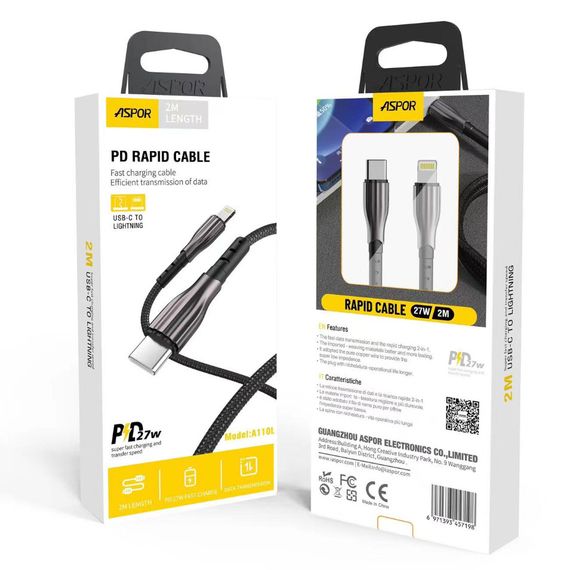 Кабель Aspor A110PD L Type-C – Lightning 27W/2м Nylon- черный | Зображення 3