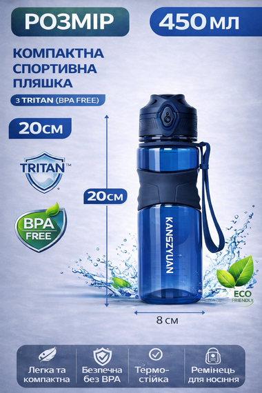 Спортивна бутылка для води KANGZYUAN 450 мл синя, тританова (BPA Free) | Зображення 3