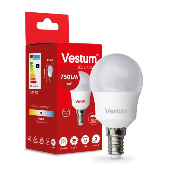 Світлодіодна лампа Vestum G45 8W 4100K 220V E14 1-VS-1211