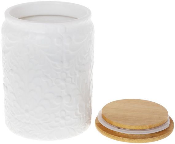 Банка Ceram-Bamboo для сипучих продуктів 1.1л, біла матова кераміка з бамбуковою кришкою | Зображення 1