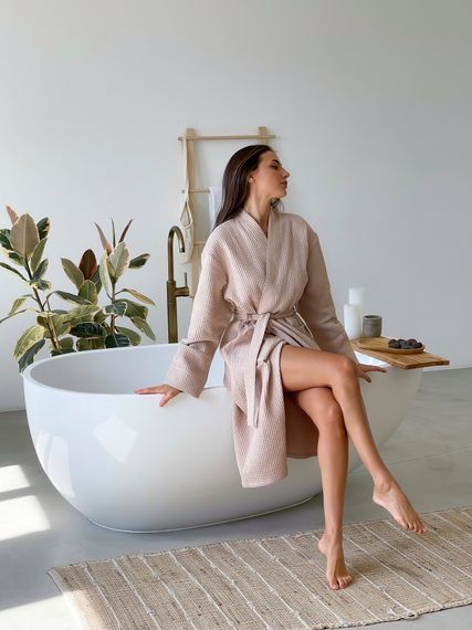Жіночий вафельний халат COSY довгий, бежевий. | Зображення 7