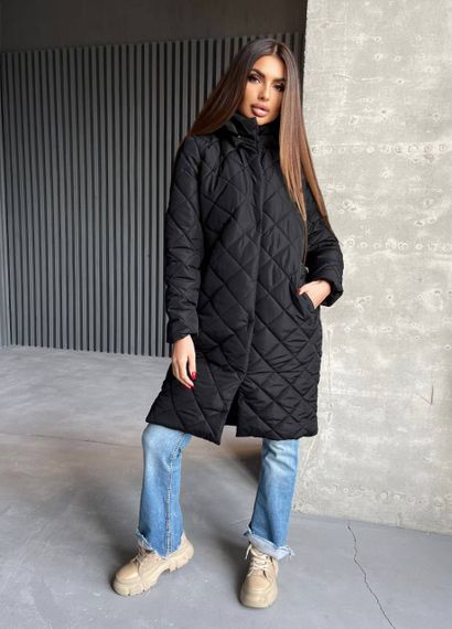 Женская длинная теплая куртка-пальто стеганая силикон 200, NA1044 цвет черный, размер 38/40 | Зображення 2