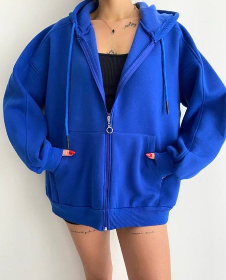 Женское зип-худи оверсайз на молнии теплое на флисе с капюшоном размер 42/46 цвет синий GF052