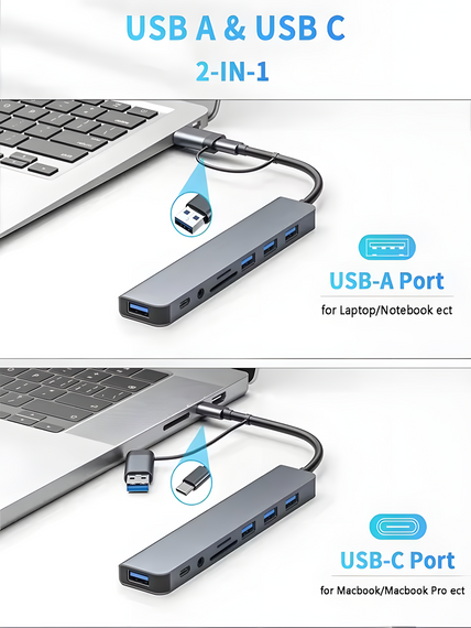 USB Type-C хаб концентратор 8 в 1 SD TF USB 3.0 2.0 3.5 мм Aux з перехідником | Зображення 2