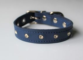 Кожаный ошейник со стразами "Lockdog" синий
