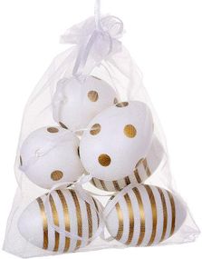Пасхальний декор "Яйця в мішечку", 6 яєць-підвісок 4х6см у сітці, білий із золотом
