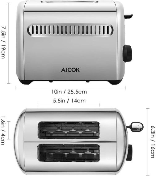 Тостер Aicok на 2 ломтика, из нержавеющей стали с выдвижным поддоном для крошек, 7 настроек 850 Вт серебристый | Зображення 7
