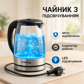 Надежный стеклянный электрочайник с подсветкой Rainberg RB-2262 2л 2200Вт, Электрочайник стильный BG-31