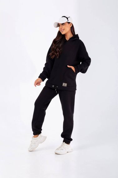 Женский теплый спортивный костюм на флисе худи и штаны NB23038 цвет черный, размер 42/44