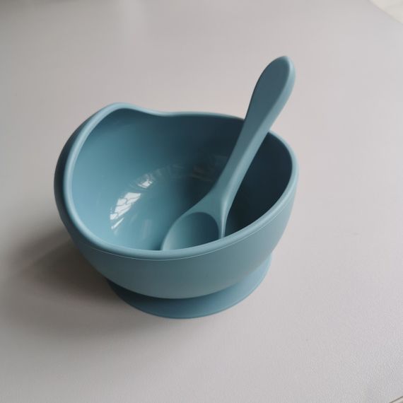 Силіконова дитяча тарілка на присоску з ложкою Smoke blue