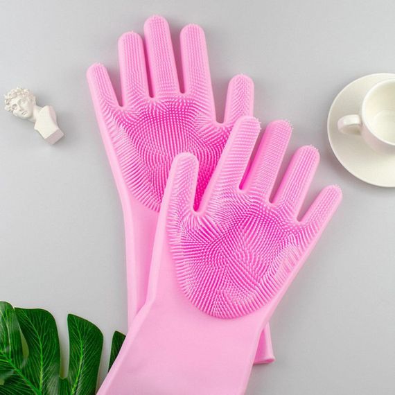 Силиконовые перчатки Magic Silicone Gloves Pink для уборки чистки мытья посуды для дома. Цвет: розовый ZE-37 | Зображення 2