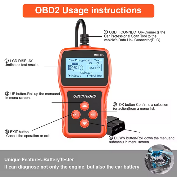 Автосканер OBD2 MS309 PRO з підтримкою безлічі режимів діагностики та оцінкою стану акумулятора | Зображення 1