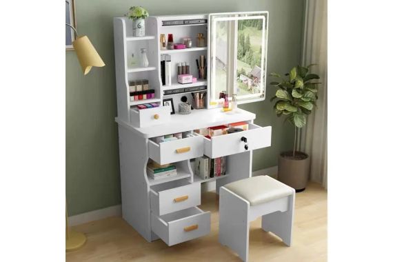 Стол макияжный с LED-зеркалом и пуфиком (STL-MD 87), белый, прямоугольный | Зображення 1