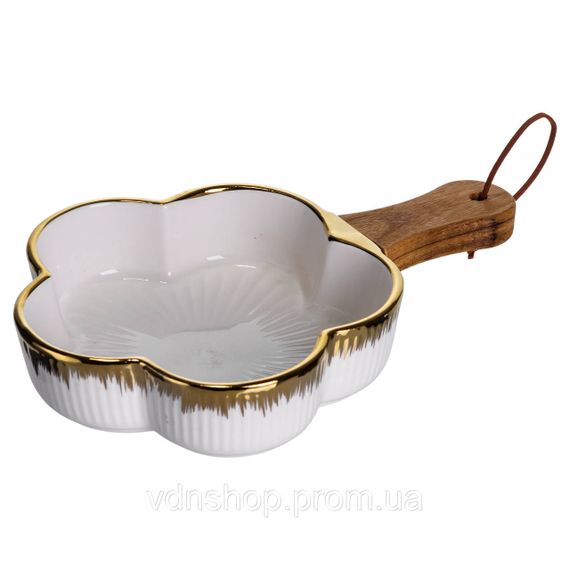 Тарілка порцелянова глибока з ручкою Квітка 24×16×4 (см) блюдо сервірувальне з ручкою для подачі тарілка сковорода Золото ZJH-13-1 | Зображення 4