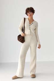 Трикотажний костюм у рубчик із кардиганом і штанами палаццо - молочний цвет, ONE SIZE (є розміри)