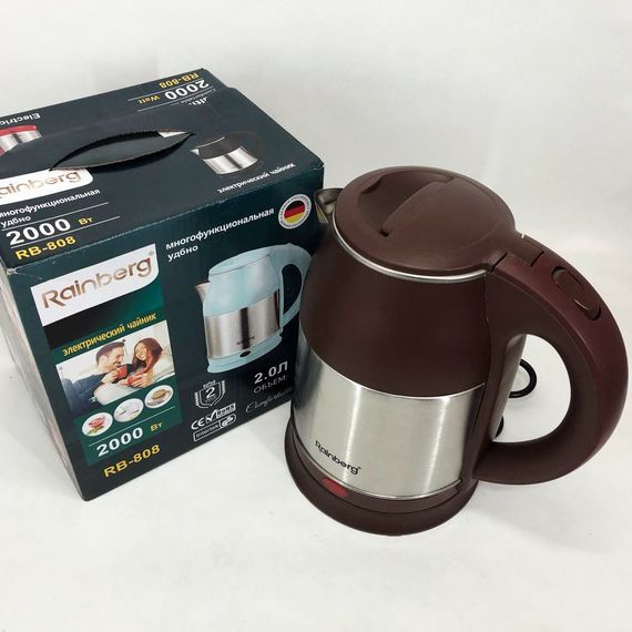 Электрочайник Rainberg RB-808 2 л нержавеющая сталь, тихий электрочайник хороший. HU-252 Цвет: коричневый | Зображення 1